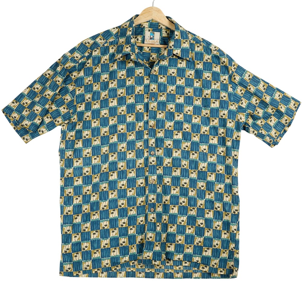 Kahala Mens Hawaiian Shirt Large Blue Green Palm Tree Print Cotton M36 Hawaii